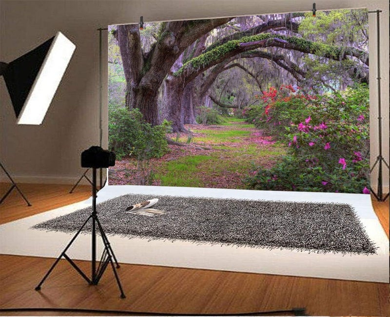 LFEEY 10x8ft Garden Park Scenery Backdrop for Photography Old Tree Lined Path Purple Flowers Beautiful Forest Jungle Backdrop for Party Kids Baby Wedding Portrait Outdoor Party Photoshoot Studio Props - Image 2